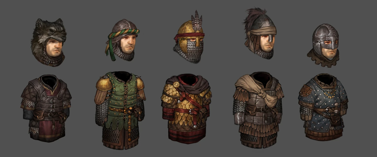 Concept drawings of unique armor and helmets